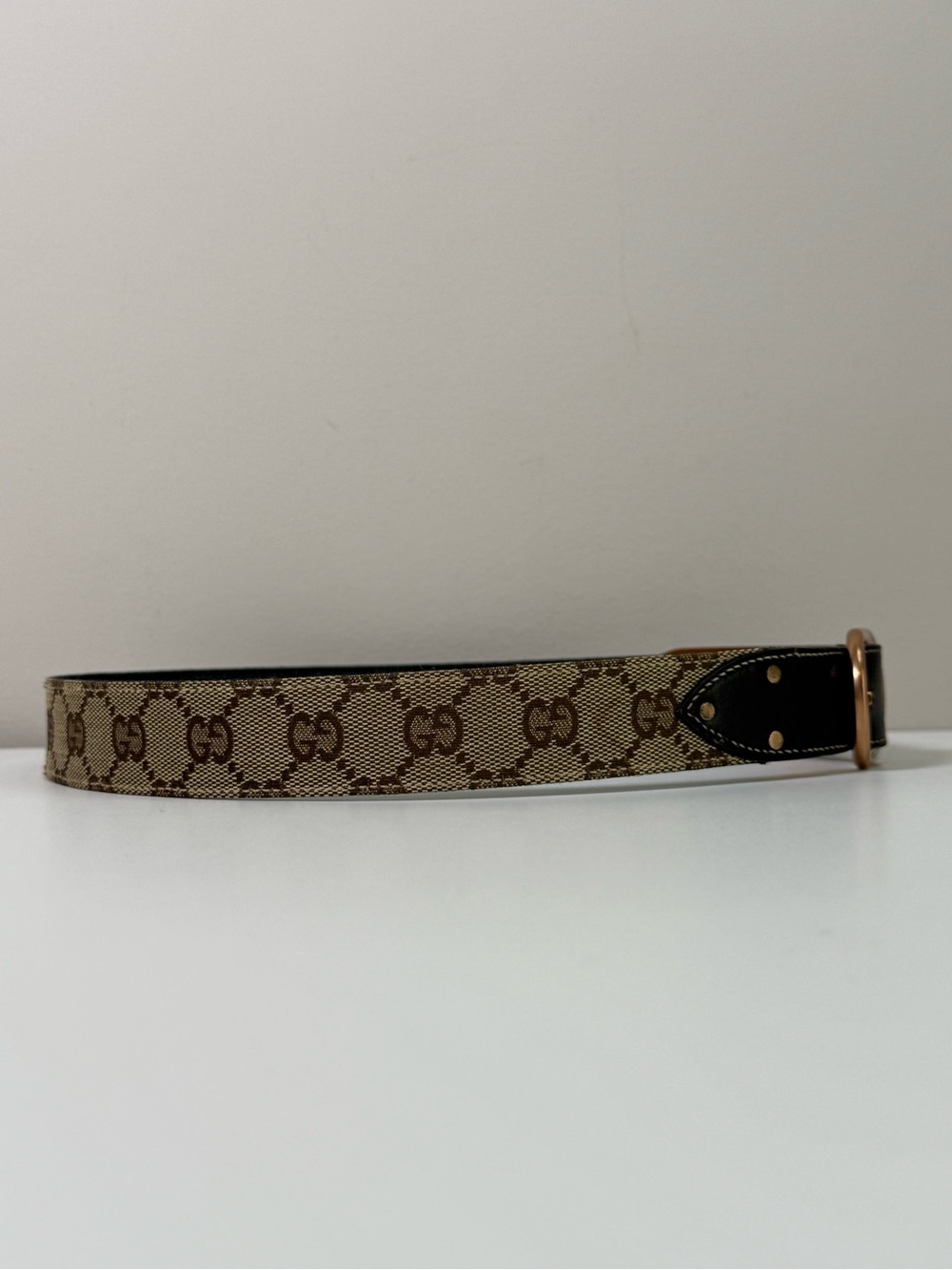 Gucci Vintage GG Monogram Canvas Belt Brown Leather Trim Gold Tone Buckle - Picture 2 of 16